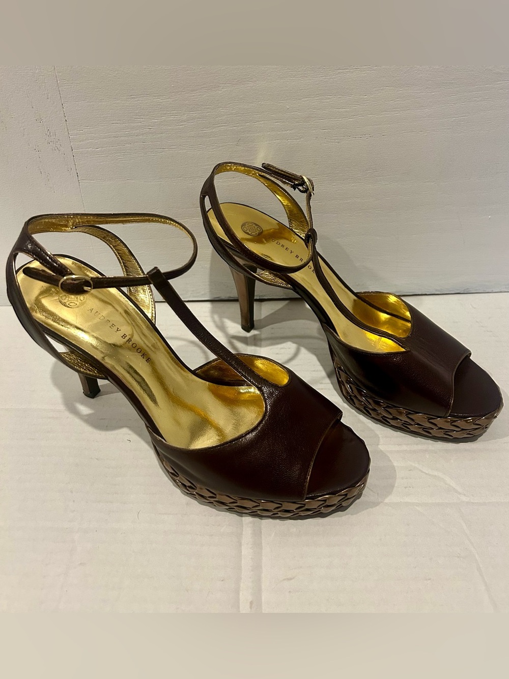 Audrey Brooke Brown T-Strap Peep Toe Platform Heels - Picture 2 of 5
